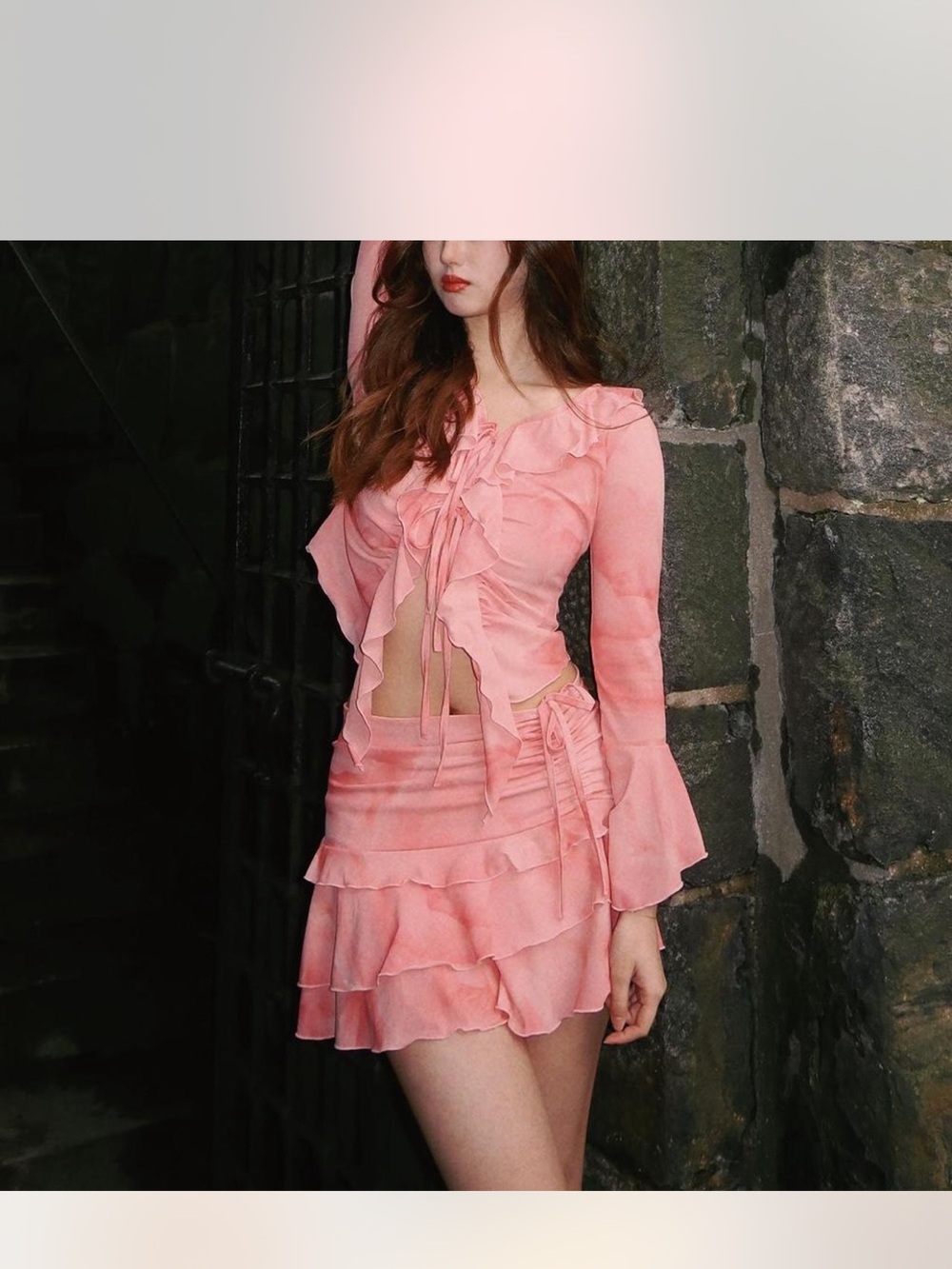 Pink Ruffle Tie-Front Crop Top & Mini Skirt Set